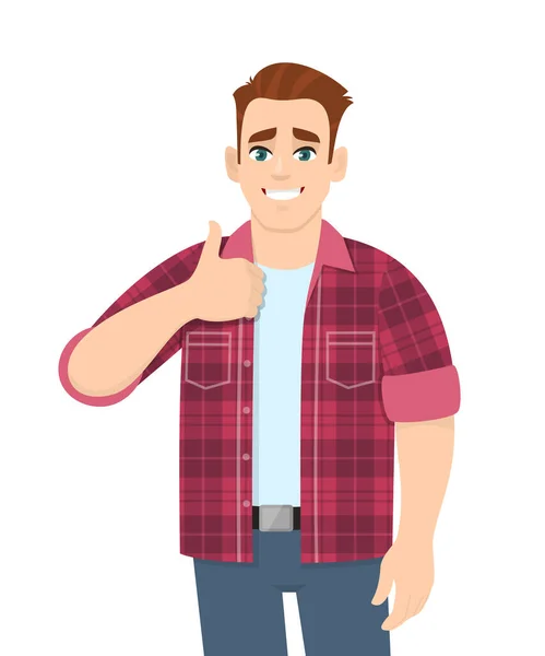 Modayı takip eden genç adam işaret veriyor. Güzel ve mutlu bir insan elleriyle iyi ya da olumlu bir jest yapıyor. Erkek karakter tasarımı çizimi. Vektör karikatür biçiminde modern yaşam tarzı kavramı.
