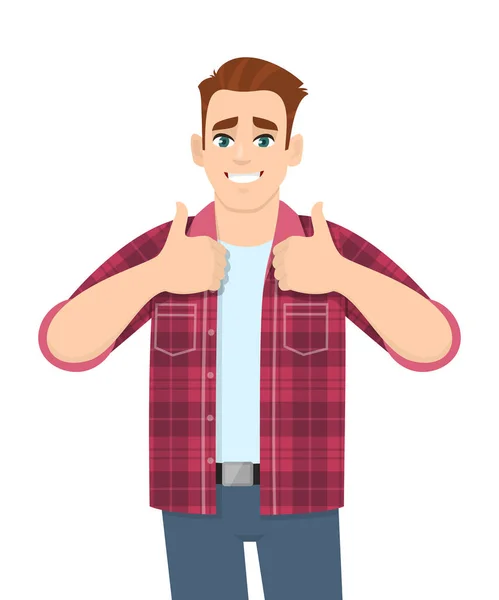 Şık bir genç adam başparmak kaldırıyor, ya da iyiye işaret. Modayı takip eden mutlu insan elle olumlu jest yapıyor. Erkek karakter tasarımı çizimi. Vektör karikatür biçiminde modern yaşam tarzı kavramı.