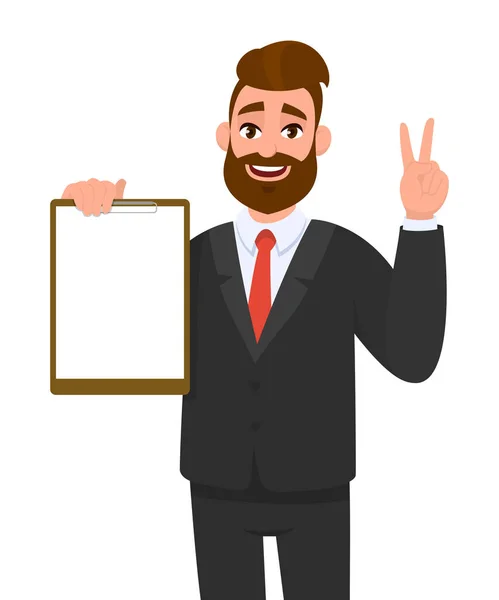 空白のクリップボードを示し 平和または2つのジェスチャーの手の記号を作る若いビジネスマン メモ帳を持ってる人 男性キャラクターデザインイラスト 人間の表情ベクトル漫画のジェスチャー — ストックベクタ