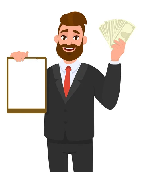 Jovem Empresário Mostrando Área Transferência Branco Dinheiro Dinheiro Notas Moeda — Vetor de Stock