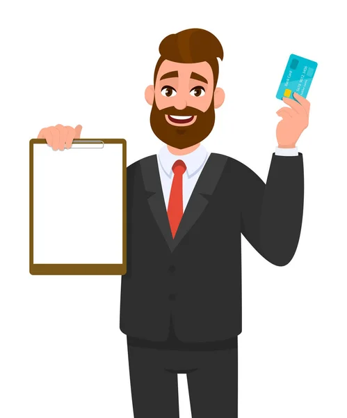 Jovem Empresário Mostrando Área Transferência Branco Cartão Crédito Débito Atm — Vetor de Stock