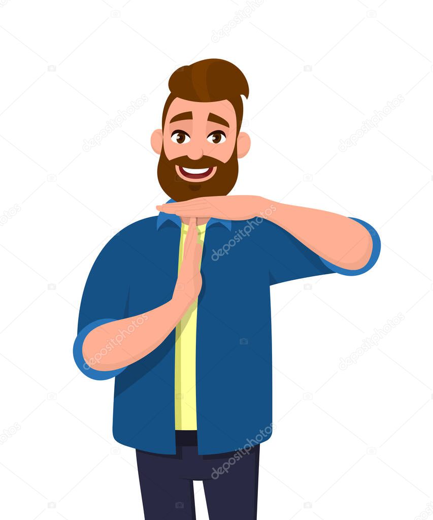 Portrait of young bearded man showing time out hand gesture. Trendy person making stop sign with hands. Male character graphic design illustration. Modern lifestyle, concept in vector cartoon style.