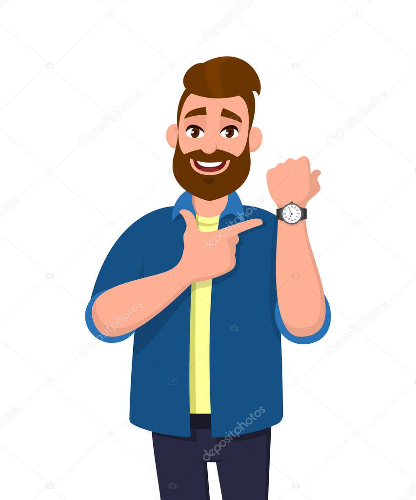Young bearded man pointing or showing time on his wrist watch. Male character design illustration. Trendy person standing isolated in white background. Modern lifestyle, concept in vector cartoon.