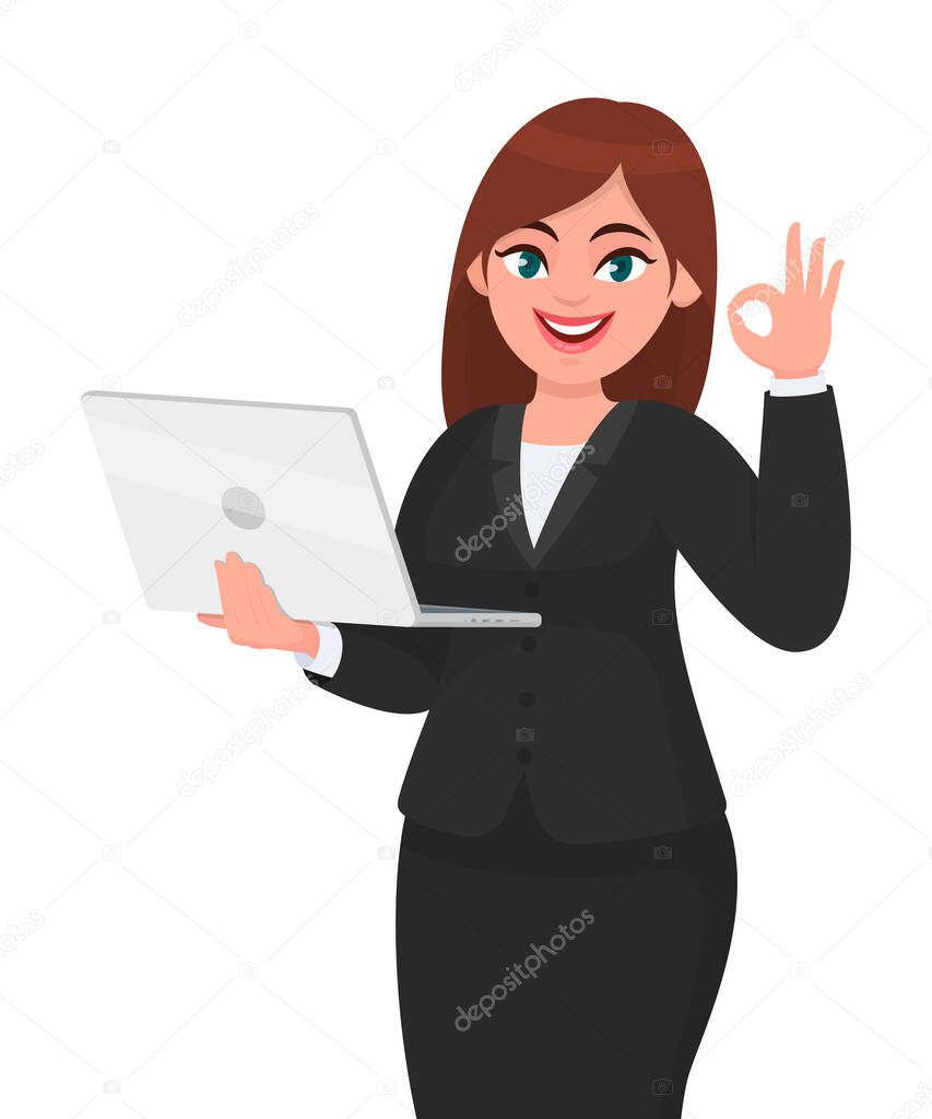Young businesswoman holding a new digital laptop computer and showing okay, OK gesture sign. Female character design illustration. Modern lifestyle, gadget, technology concept in vector cartoon style.