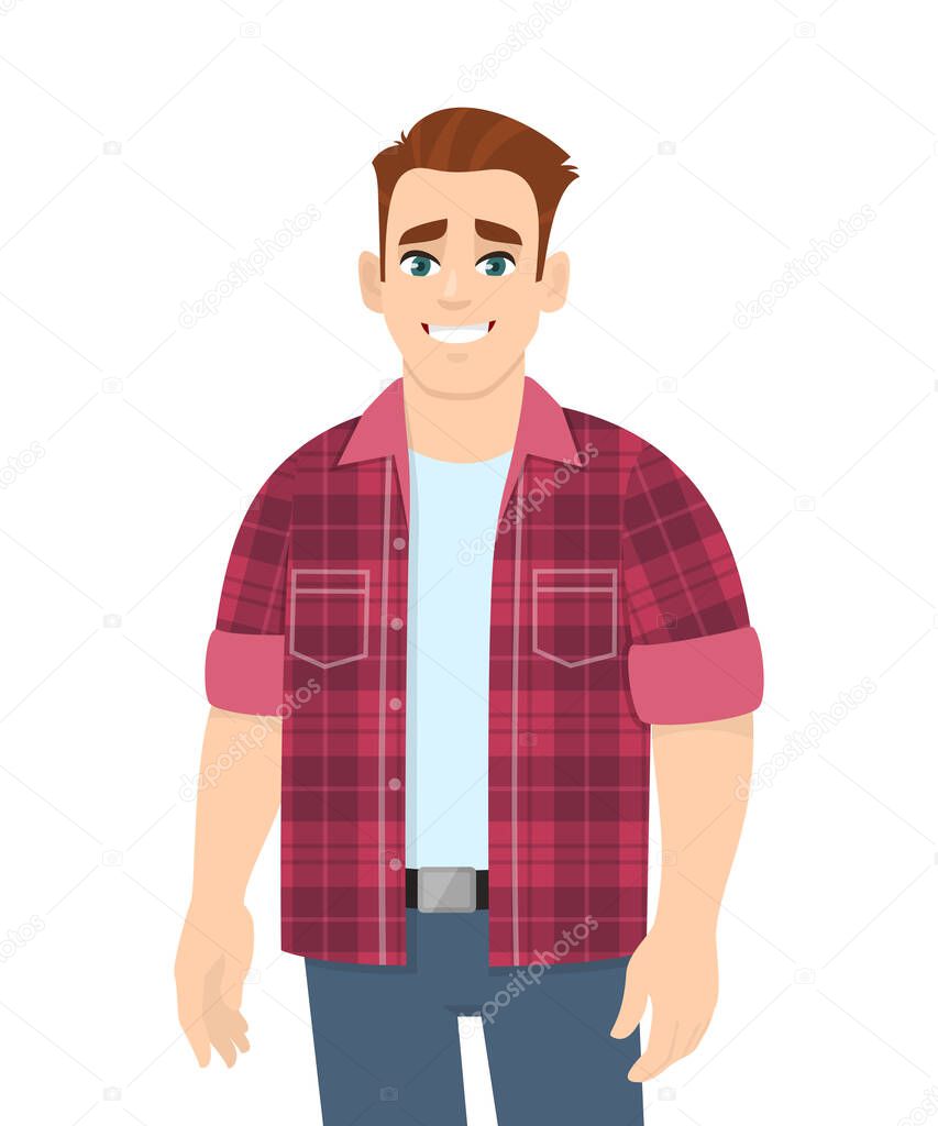 Cheerful stylish young man standing. Happy trendy person wearing casual fashion costume. Smiling male character design illustration isolated. Modern lifestyle concept in vector cartoon style.