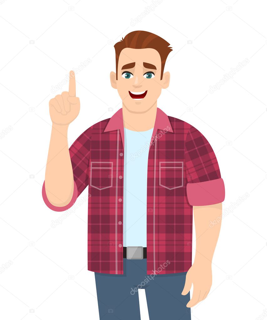 Trendy young man pointing hand index finger up. Stylish happy person showing, gesturing or making one sign with hand. Male character design illustration. Idea/solution concept in vector cartoon style.