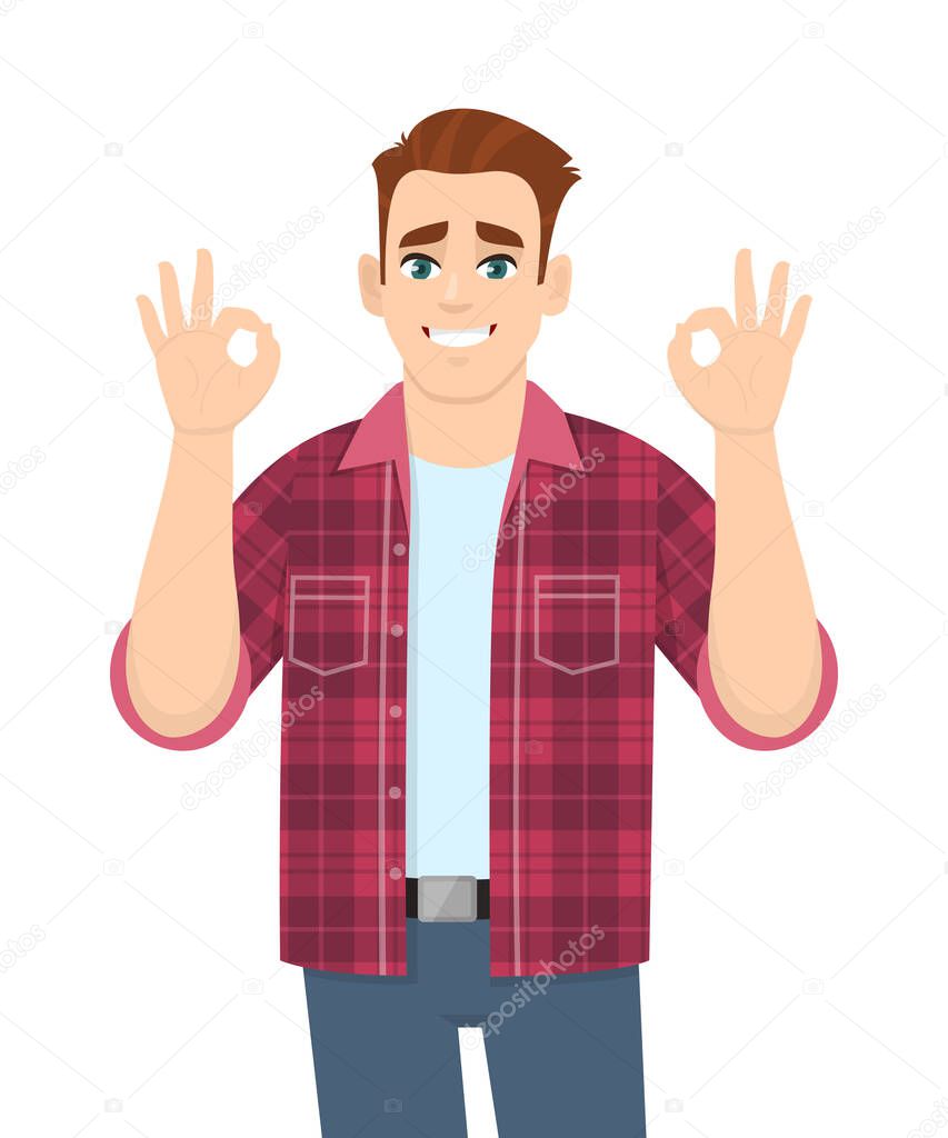 Young stylish man making okay sign. Trendy person showing or gesturing OK or cool with fingers. Male character design illustration. Modern lifestyle, human emotions concept in vector cartoon style.