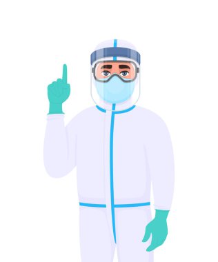 Koruyucu giysili doktor parmağını kaldırdı. Tıbbi personel yüz maskesi takıyor, lateks eldiven takıyor ve el hareketi yapıyor. Doktor maske takıyor, gözlük takıyor. Corona virüs salgını. Çizgi film illüstrasyonu.