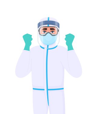 Koruyucu giysili doktor el kaldırma işareti gösteriyor. Tıbbi kişi yüz maskesi takıyor ve başarılı bir jest yapıyor. Maske takan bir doktor, Google. Corona virüs salgını. Çizgi film illüstrasyonu.