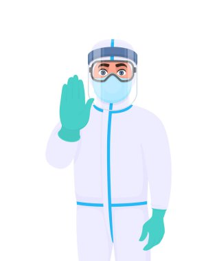Koruyucu kıyafetli doktor dur işareti gösteriyor. Tıbbi kişi yüz maskesi takıyor ve el işareti yapıyor. Maske takan bir doktor, Google. Corona virüs salgını. Çizgi film illüstrasyonu.