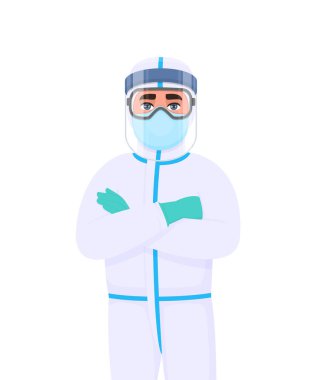Koruyucu giysili doktor kollarını çapraz tutuyor. Yüz maskesi takan, lateks eldiven takan bir doktor. Tüm vücut güvenlik elementlerini kapsayan bir doktor. Corona virüs salgını. Vektörde çizgi film illüstrasyonu.