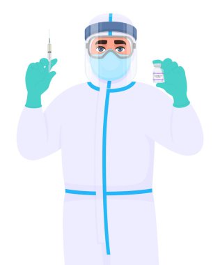 Elinde şırınga, aşı şişesi olan koruyucu giysili bir doktor. Cerrah enjeksiyon ilacı gösteriyor. Hekim kişisel koruma ekipmanı takıyor. Vektör biçiminde çizgi film çizimi tasarımı.