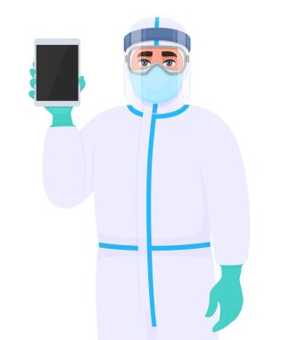 Koruyucu giysili, tıbbi maskeli, gözlüklü ve yüz zırhlı biri tablet bilgisayar gösteriyor. Doktor ya da doktor dijital alet tutuyor. Kişisel koruyucu ekipman (PPE) takan bir cerrah. Vektör