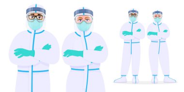 Koruyucu giysiler, gözlükler ve maskeler içindeki tıp doktorları. Doktor ayakta duruyor ve kollarını kavuşturuyor. Üstünü örten cerrah ekibi (PPE). Çizgi film tarzında Corona virüsü salgını.