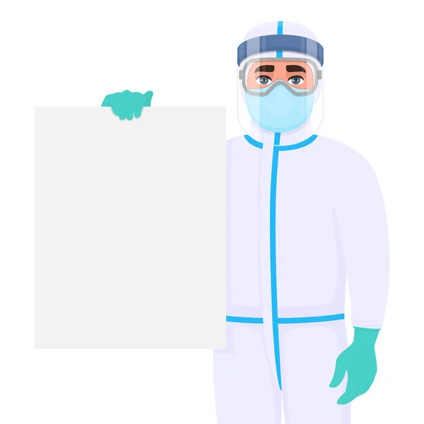 医生穿着防毒服 展示空白海报 拿着空横幅的医务人员 医生用个人防护设备覆盖身体 专业外科医生展示板 — 图库矢量图片