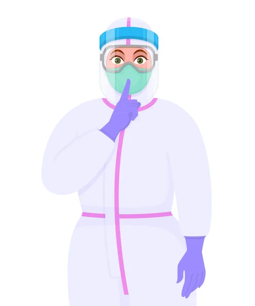 Ženský Lékař Ochranném Obleku Maskou Obličejovým Štítem Ukazujícím Prst Rtech — Stockový vektor