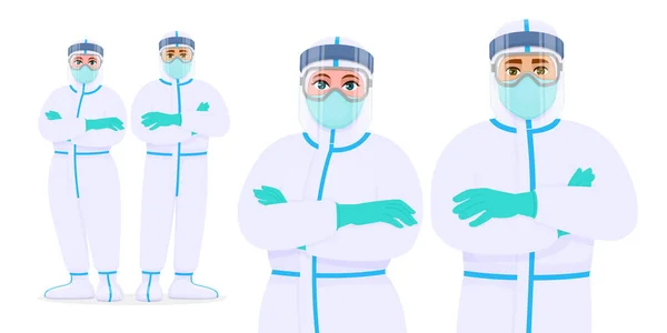 Profesyonel doktorlar birlikte poz veriyor ve koruyucu kıyafetler, maske, yüz kalkanı ve gözlük takıyor. Corona virüsü salgını. Kişisel koruyucu ekipman içinde çalışan bir grup sağlık çalışanı. Çizgi film illüstrasyonu