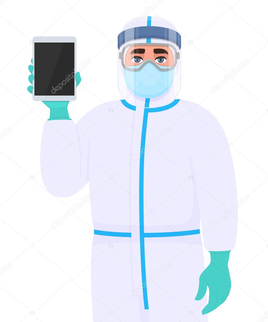 Person in safety protection suit, medical mask, glasses and face shield showing tablet computer. Doctor or physician holding digital gadget. Surgeon wearing personal protective equipment (PPE). Vector