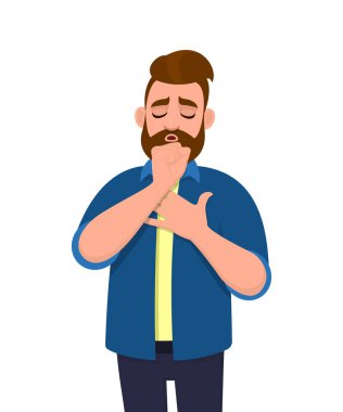 Genç hippi adam öksürüyor ve elini göğsüne koyuyor. Soğuk ve boğaz ağrısı çeken trend bir insan. Sağlıksız erkek karakter hastalık için üzülüyor. Vektör biçiminde çizgi film tasarımı illüstrasyonu.