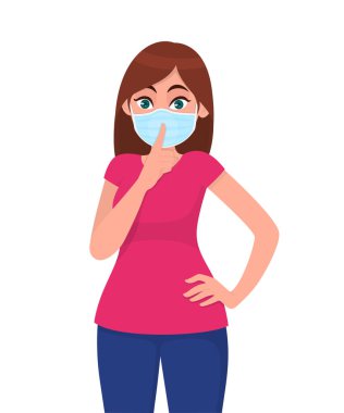 Tıbbi maske takan ve sessizlik isteyen genç bir kız. Sessiz olun lütfen! Şşş! Koruyucu cerrahi maskeyi örten ve parmağını dudaklarından ayırmayan modaya uygun bir kadın. Vektör biçiminde çizgi film çizimi tasarımı.