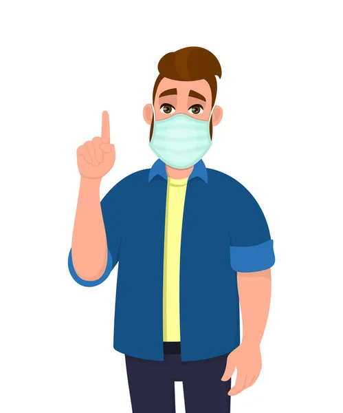 医者のマスクで顔を覆うヒップスターの若い男と指のシンボルを指しています 衛生的な顔の保護とジェスチャーの手の記号を身に着けている人 男性キャラクター漫画イラストベクトルスタイル — ストックベクタ
