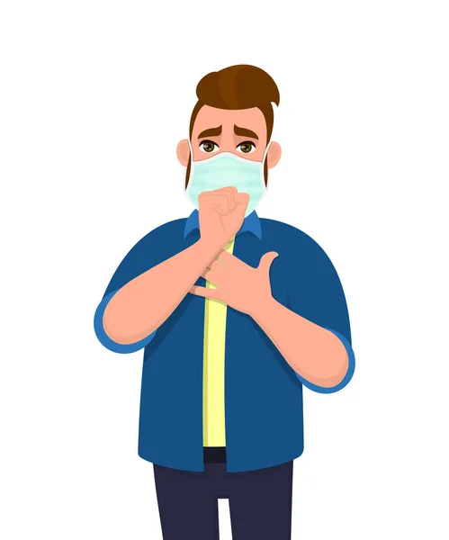 Hipster Young Man Covering Face Medical Mask Coughing Wile Holding — Stock Vector