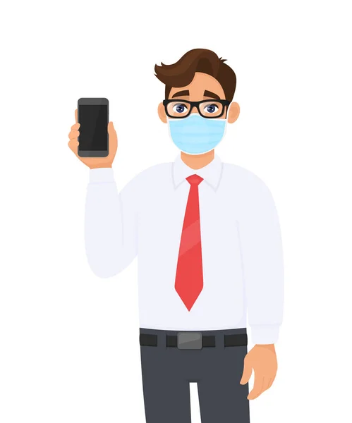 Молодой Бизнесмен Медицинской Маске Телефоном Человек Очках Держит Смартфон Здоровый — стоковый вектор