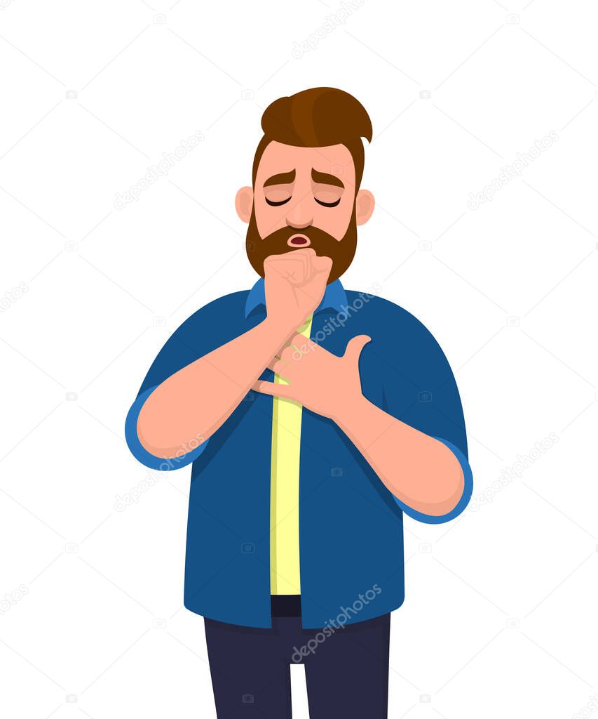 Young hipster man coughing and holding hand on chest. Trendy person suffering with cold and throat pain. Unhealthy male character feeling bad for sickness. Cartoon design illustration in vector style.