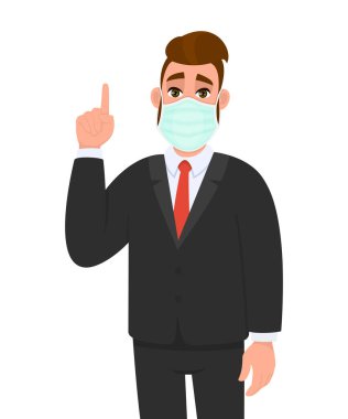 Tıbbi maske takan ve işaret eden genç bir işadamı. Yüz korumayı ve el işaretini gizleyen modaya uyan hippi. Vektör biçiminde erkek karakter çizimi.