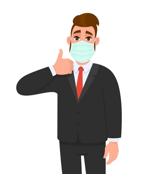 Jóvenes Hombres Negocios Que Usan Máscara Médica Muestran Signos Pulgar — Vector de stock