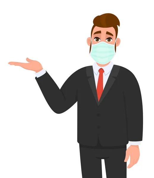 Young Business Man Wearing Medical Mask Presenting Hand Copy Space — Stock Vector