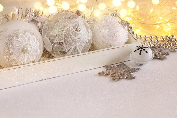 Image of christmas festive tree white balls — Stock Photo, Image