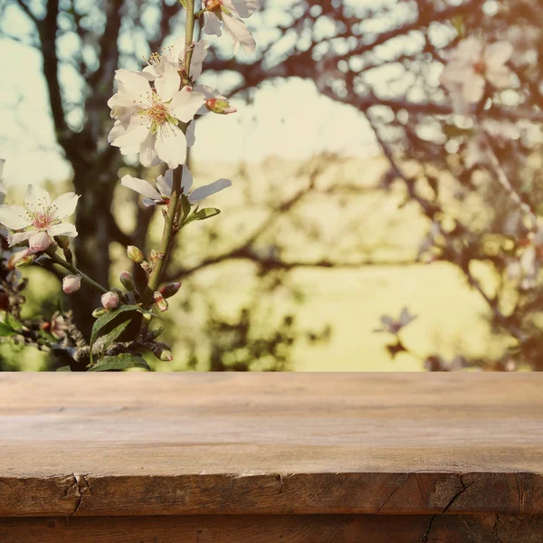 Dřevěný rustikální stůl před jarní cherry tree — Stock fotografie