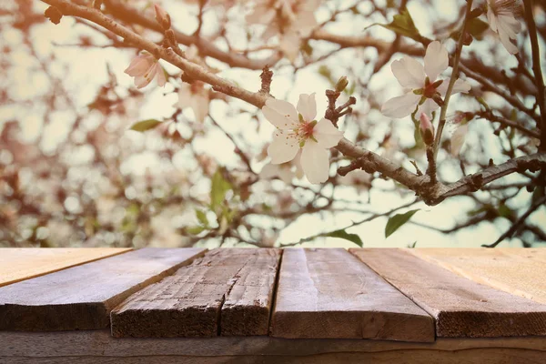 Деревянный стол перед весенним вишневым деревом — стоковое фото