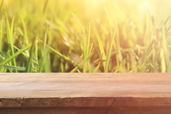 Empty rustic table in front of fresh grass — Stock Photo, Image