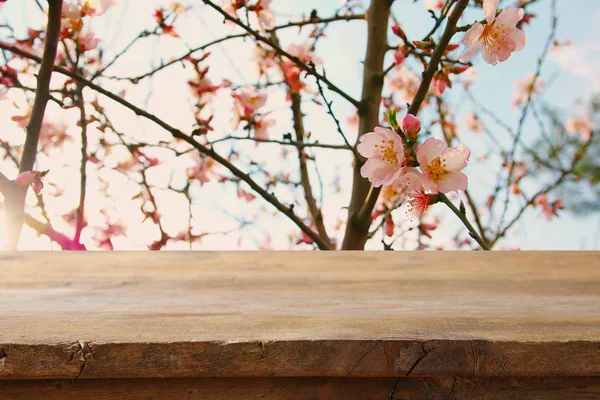 Table rustique en bois devant le cerisier de printemps — Photo