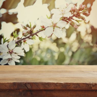 Bahar kiraz ağacı önünde ahşap rustik masa