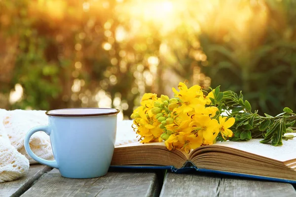 Gammal bok, kopp kaffe bredvid fältet blommor — Stockfoto