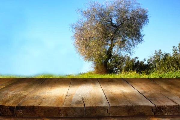 Meja kosong di depan latar belakang alam yang kabur — Stok Foto