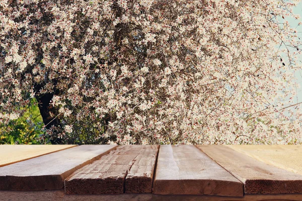 Wooden table in front of spring cherry blossom trees — Stock Photo, Image