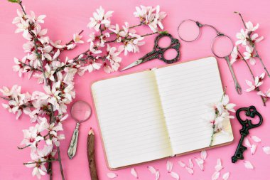 ağaç bahar beyaz kiraz çiçekleri ve açık defter