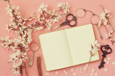 ağaç bahar beyaz kiraz çiçekleri ve açık defter