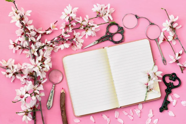 春天白色的樱花树和打开笔记本 — 图库照片