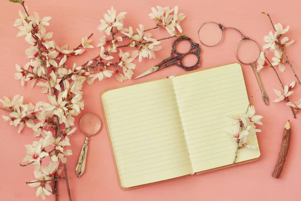 春天白色的樱花树和打开笔记本 — 图库照片