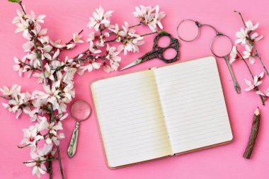 ağaç bahar beyaz kiraz çiçekleri ve açık defter