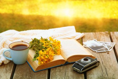 eski kitap, vintage fotoğraf makinesi yanında alan çiçek