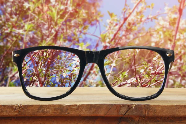 Occhiali hipster su un tavolo rustico in legno — Foto Stock