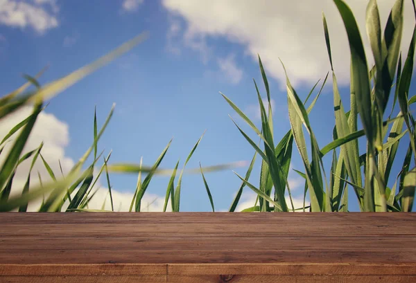 Table rustique vide devant l'angle bas de l'herbe fraîche — Photo