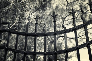 Bahçe kapalı kapılar arkasında siyah beyaz resim