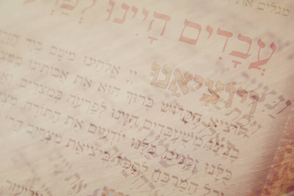Abstract image of Judaism concept with closeup text in hebrew from the passover haggadah.